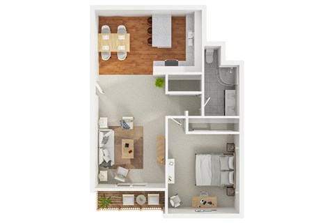 Modern 3D floor plan of a 1 bedroom 1 bath apartment with furnitures at 860 South Wooser, Los Angeles, CA